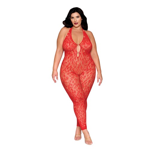 Leopard Print Seamless Bodystocking with Gold Accents - Red