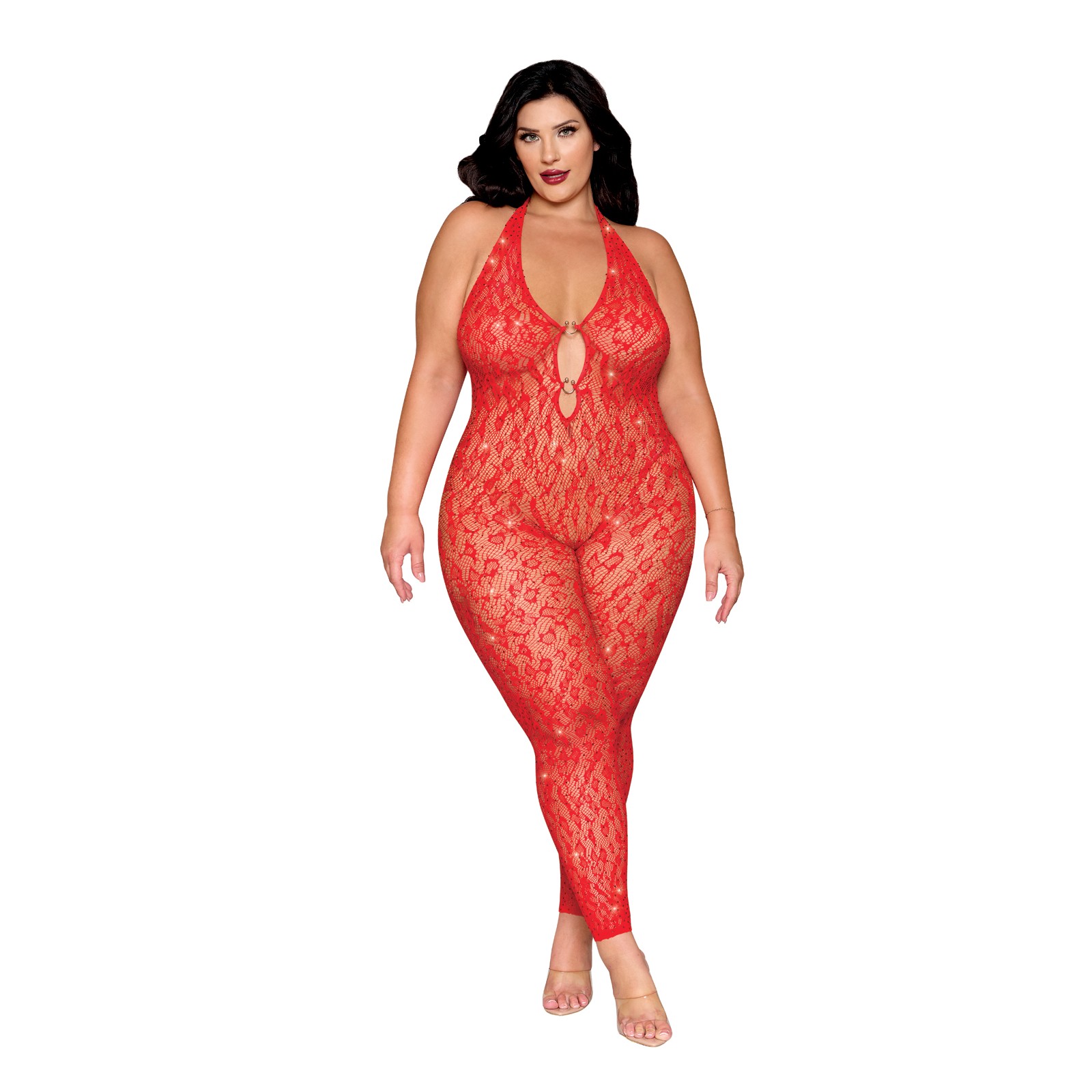 Leopard Print Seamless Bodystocking with Gold Accents - Red