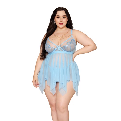 Babydoll de Encaje Bordado Floral y Malla con G-String - Azul Ártico