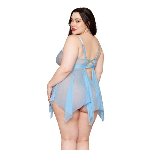 Floral Embroidered Lace and Mesh Babydoll Set with G-String - Arctic Blue