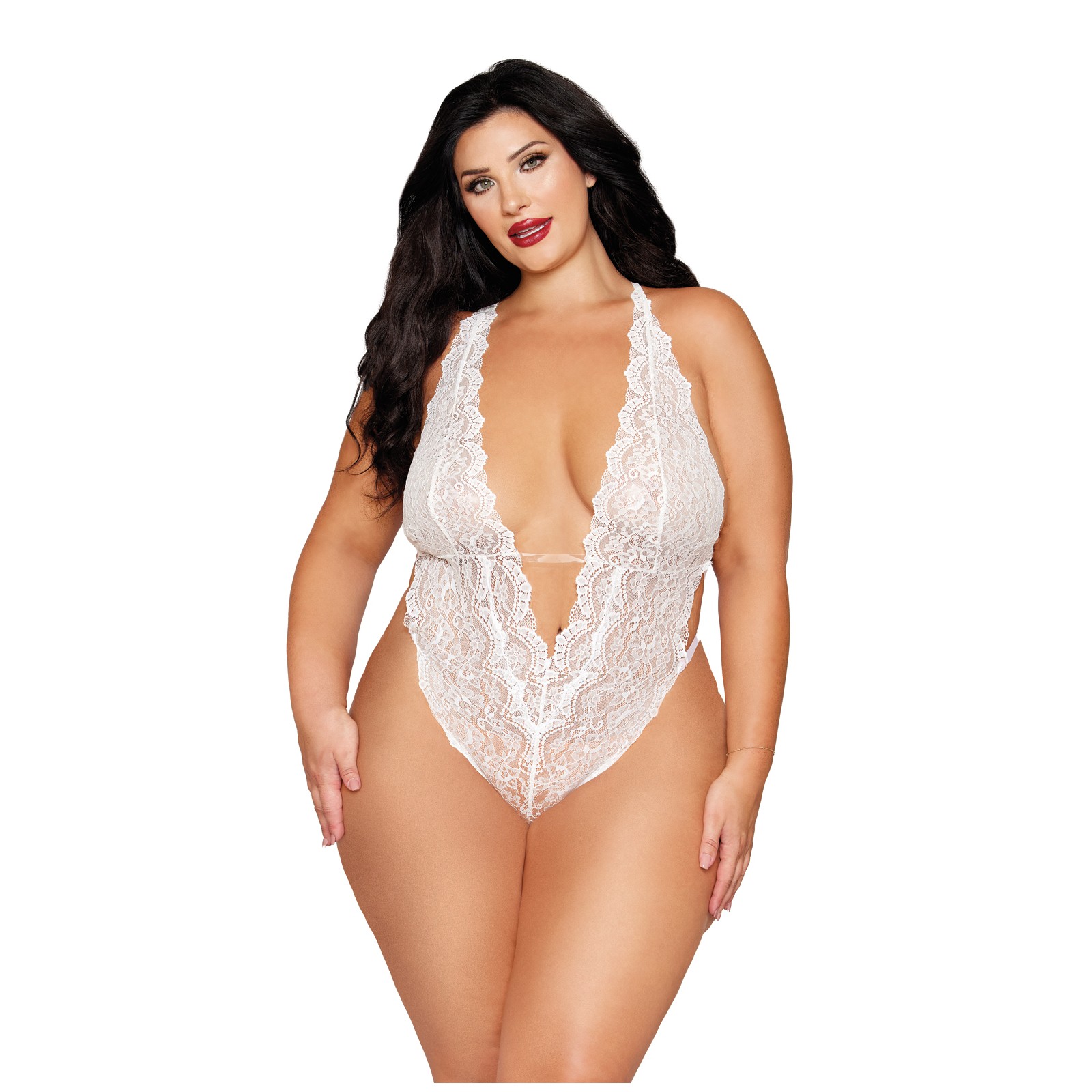 Teddy de Encaje Stretch Arnés de Perlas Removible Blanco Talla Única