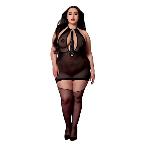 Stretch Mesh & Faux Leather Gartered Chemise - Flirty and Fun