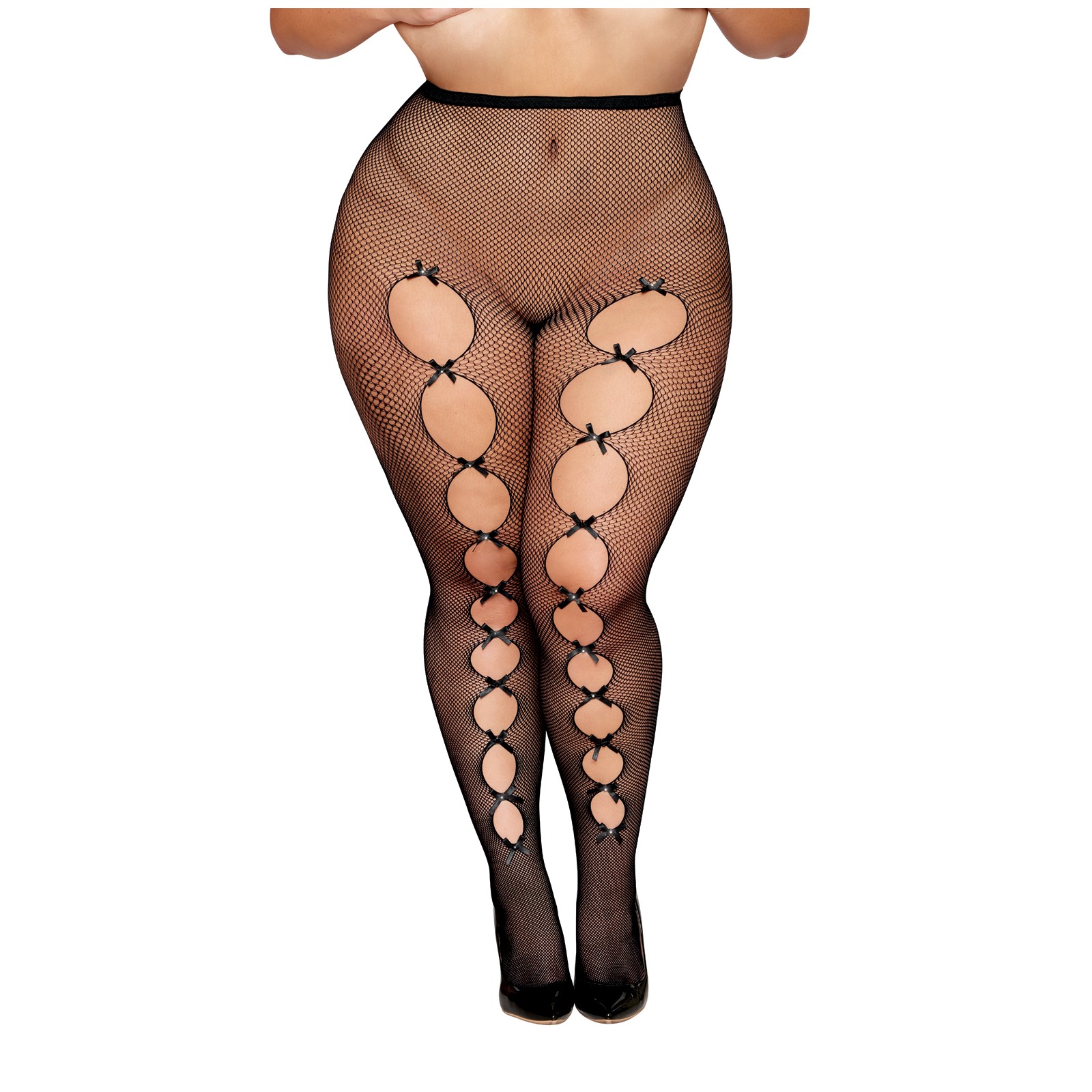 Fishnet Pantyhose with Back Seam and Satin Bows Black QN