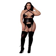 Conjunto de Bustier y G-String de Cuero Sintético Negro Talla Queen