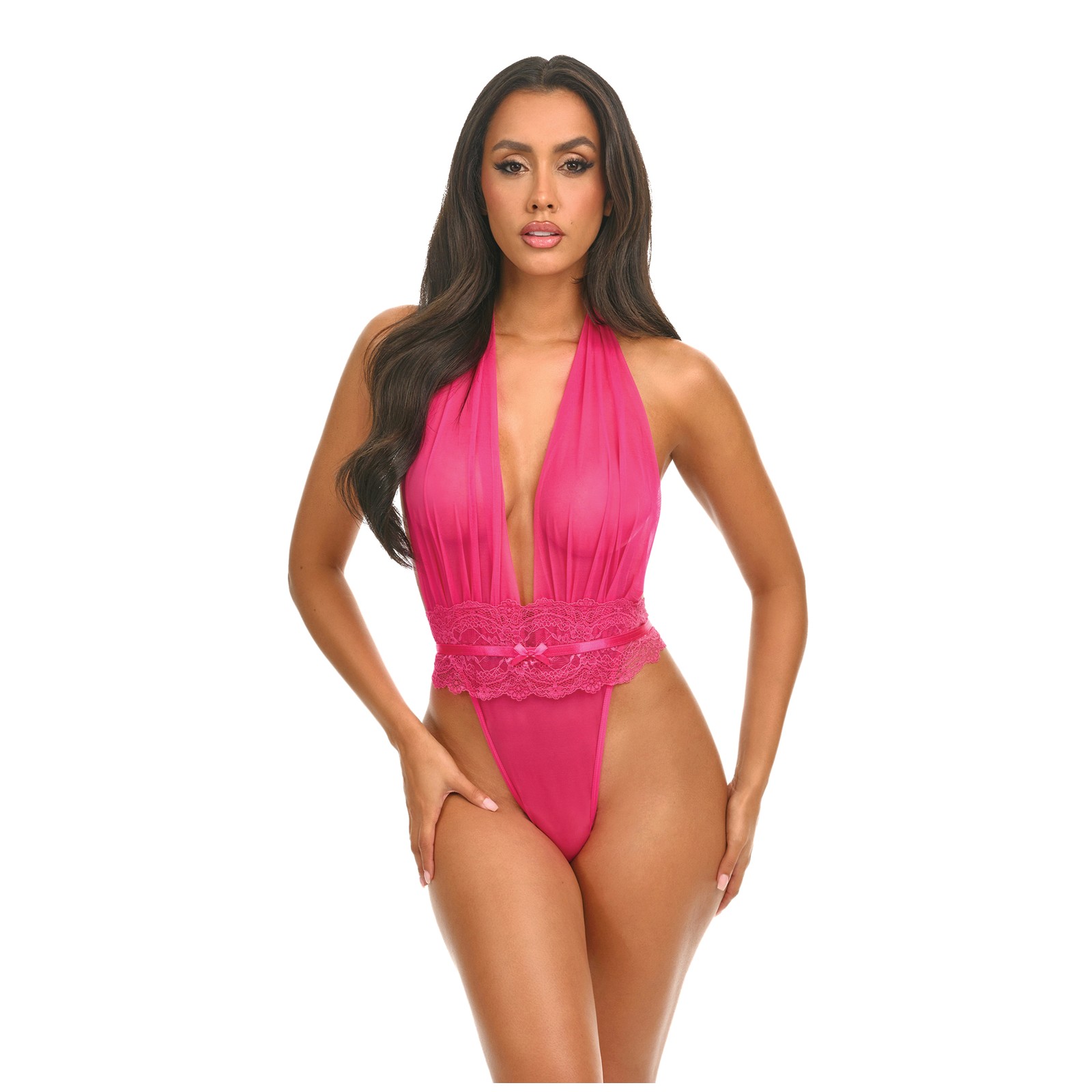 Maylah Mesh & Lace Halter Teddy - Pink L/XL