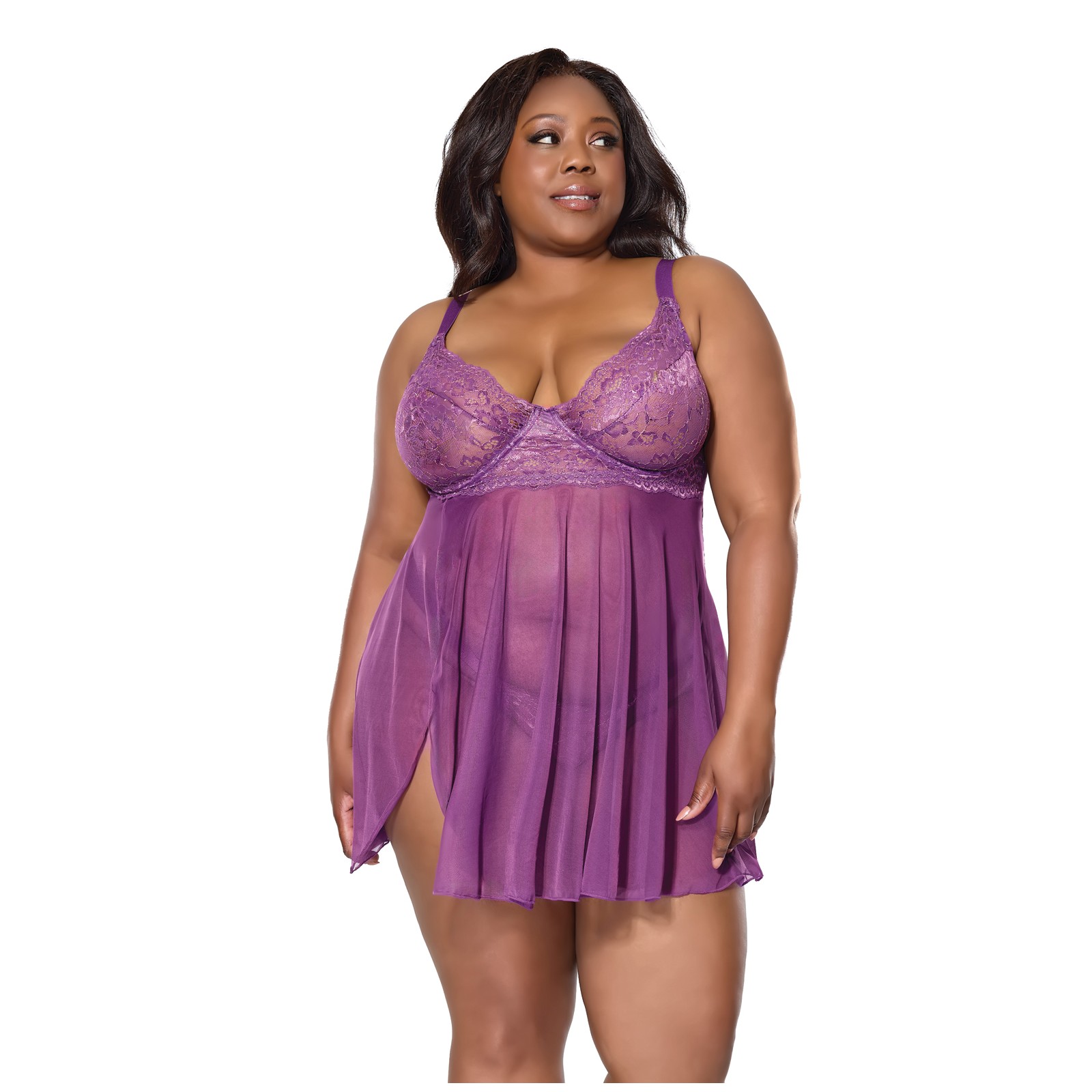 Metallic Stretch Lace Babydoll - Purple