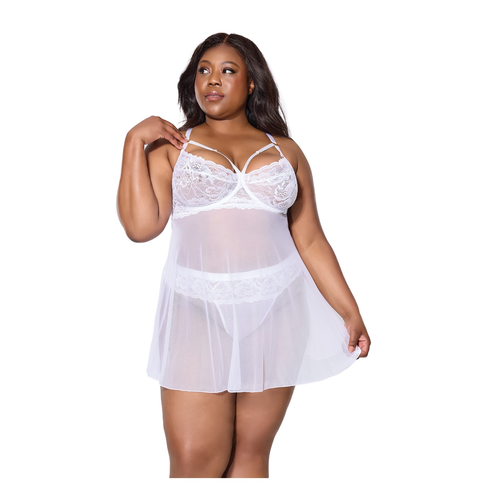 Babydoll de Encaje y Malla Escalopado con Tanga Blanco