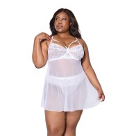 Babydoll de Encaje y Malla Escalopado con Tanga Blanco