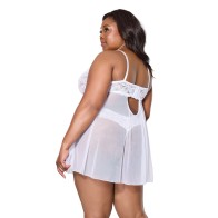 Babydoll de Encaje y Malla Escalopado con Tanga Blanco