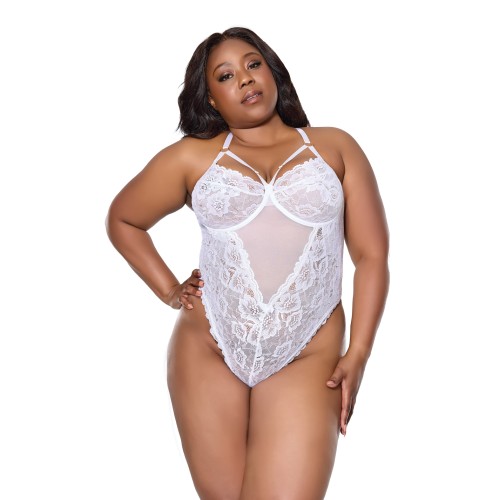 Floral Scallop Lace & Mesh Teddy - White 1X/2X