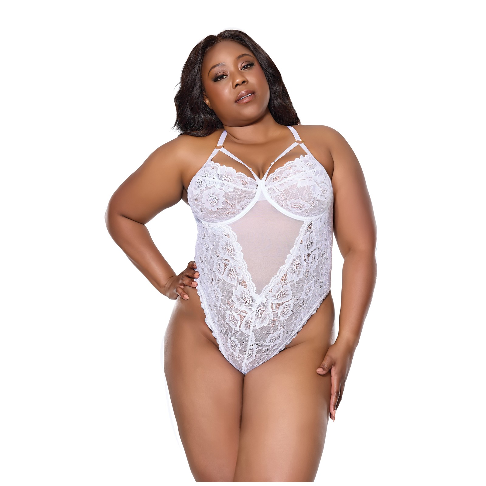 Floral Scallop Lace & Mesh Teddy - White 1X/2X