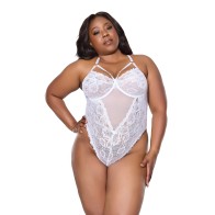 Floral Scallop Lace & Mesh Teddy - White 1X/2X