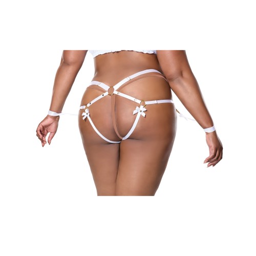 Satin Ribbon Elastic Harness and Cuffs Set White Gold QN