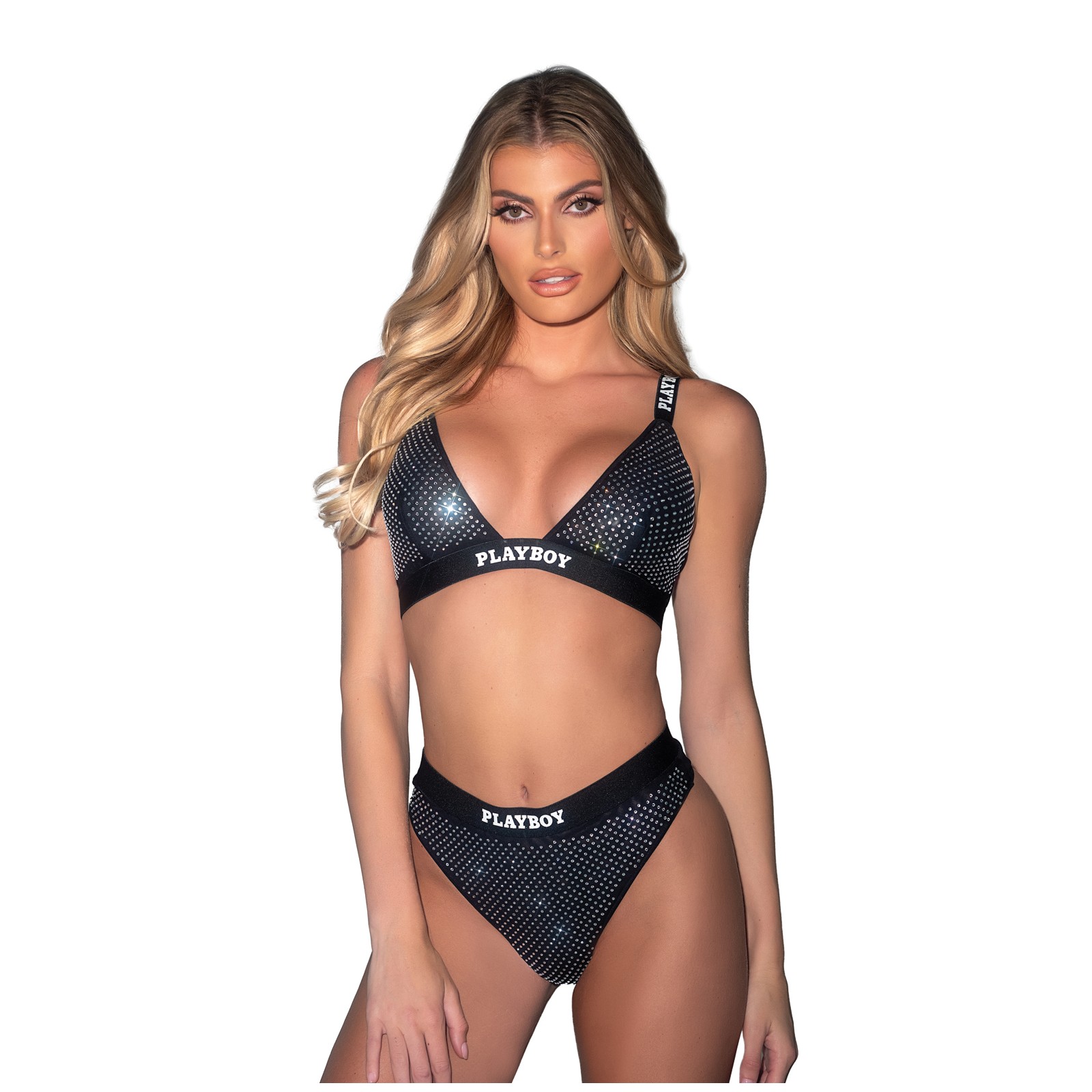 Playboy Disco Fever Rhinestone Bralette and Thong Set in Black