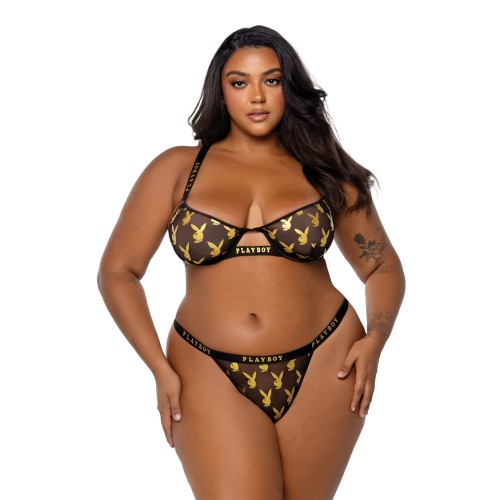 Playboy Gold Foil Mesh & Satin Bralette Set - Black/Gold