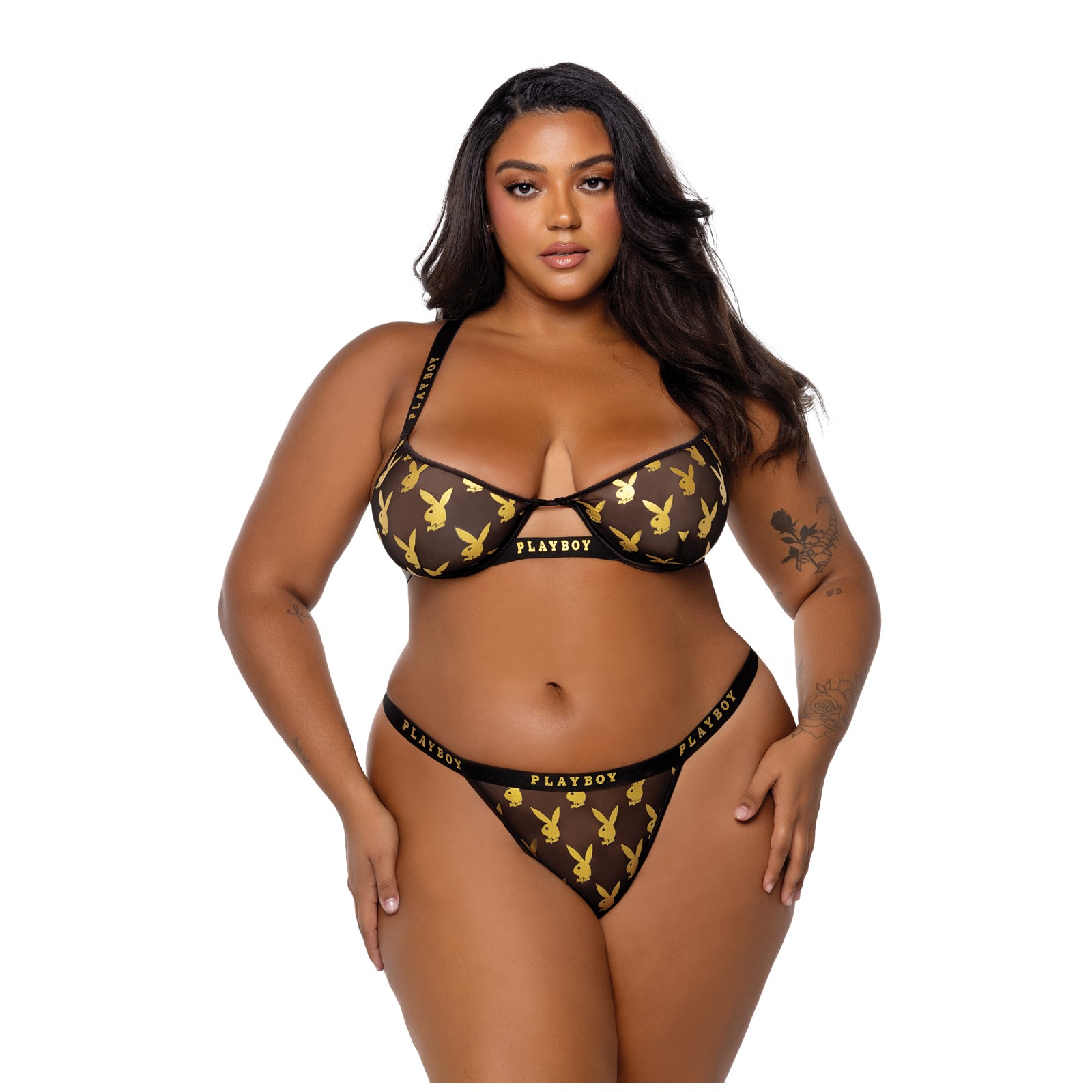 Playboy Gold Foil Mesh & Satin Bralette Set - Black/Gold