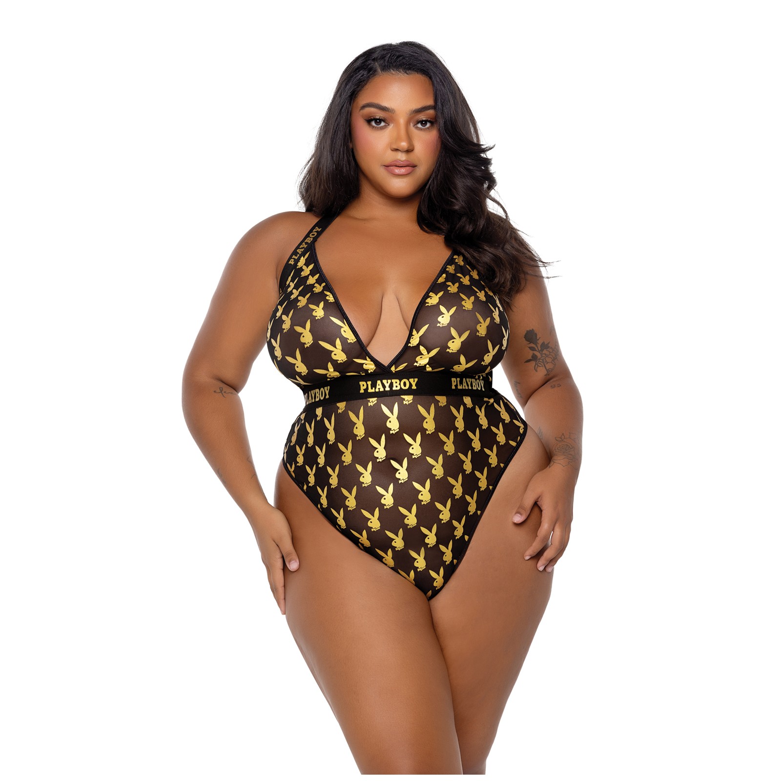 Playboy Bunny Gold Foil Halter Teddy for Bold Elegance