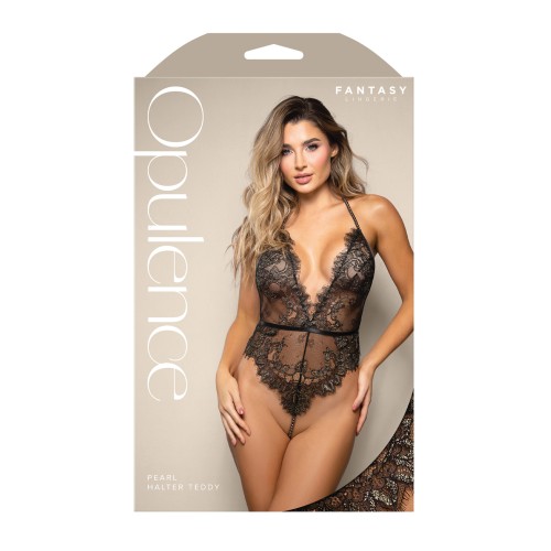 Opulence Metallic Eyelash Lace Teddy Pearl String Crotch Black