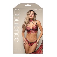 Opulence Embroidered Underwire Bralette Crotchless Panty Set Red