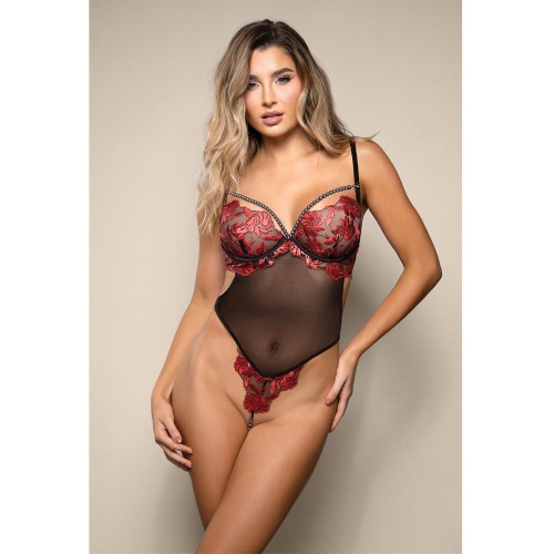 Opulence Embroidered Underwire Open Crotch Teddy with Pearl Detail - Red L/XL