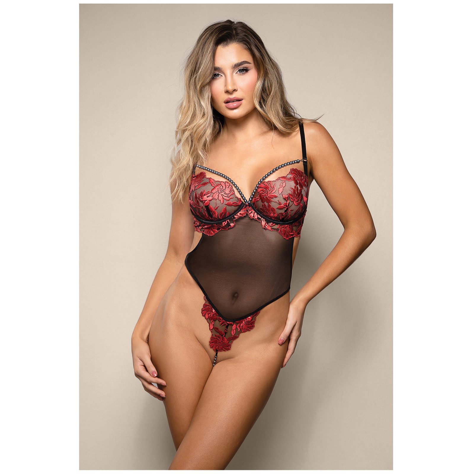 Opulence Embroidered Underwire Open Crotch Teddy with Pearl Detail - Red L/XL