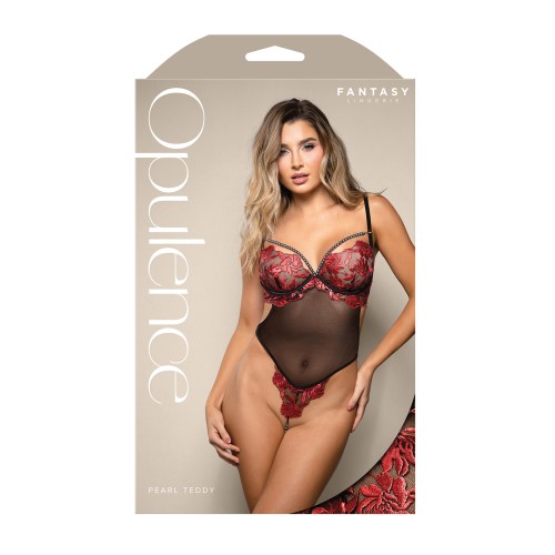 Opulence Embroidered Underwire Open Crotch Teddy with Pearl Detail - Red L/XL