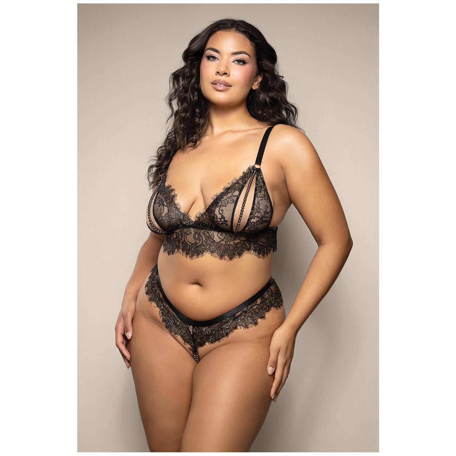 Opulence Metallic Eyelash Lace Bralette & Pearl String Panty