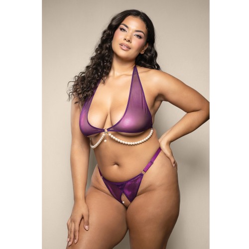 Opulence Shimmer Halter Top and Panty with Pearl Details Purple QN