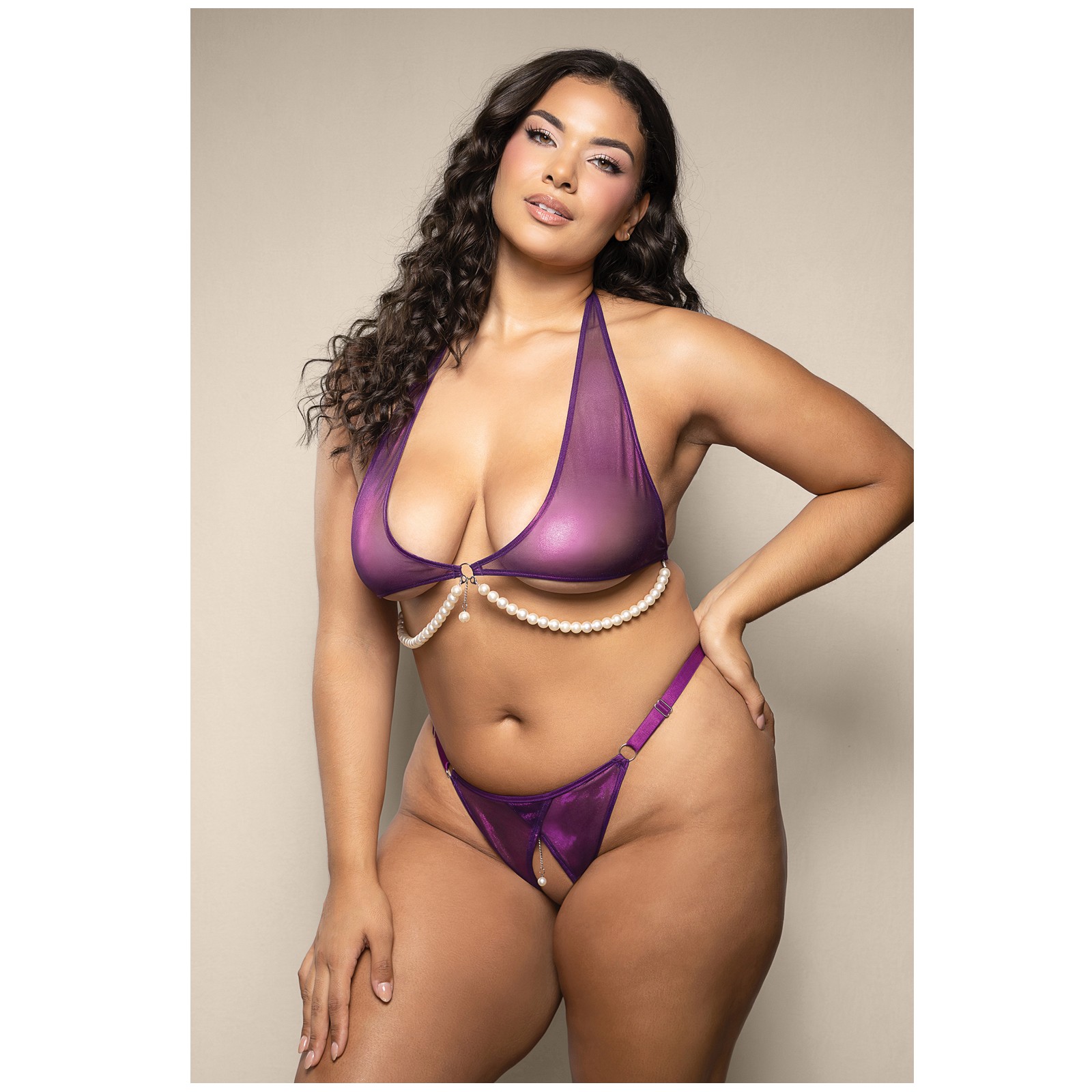 Opulence Shimmer Halter Top and Panty with Pearl Details Purple QN