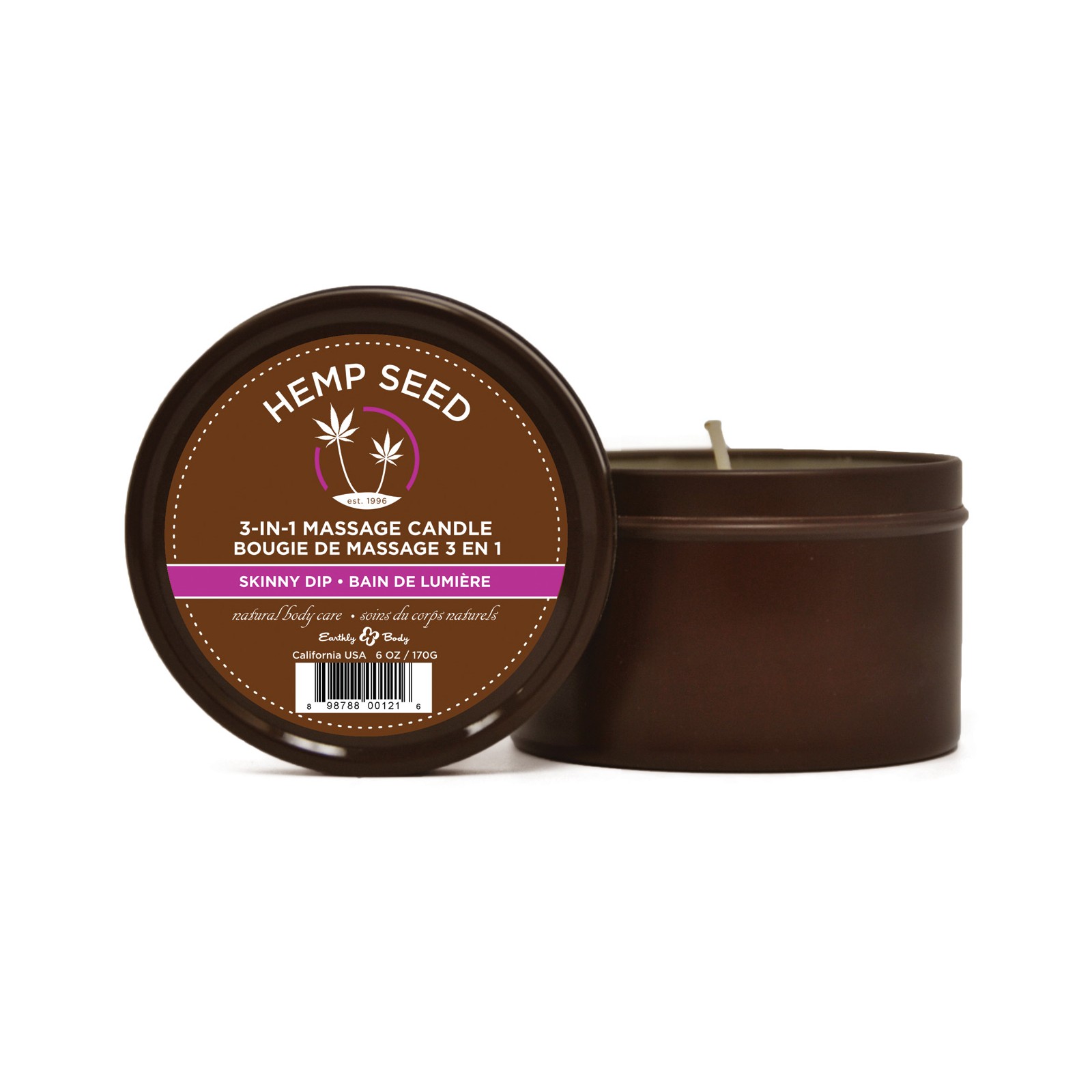 Earthly Body Suntouched Hemp Candle 6 oz Round Tin Skinny Dip