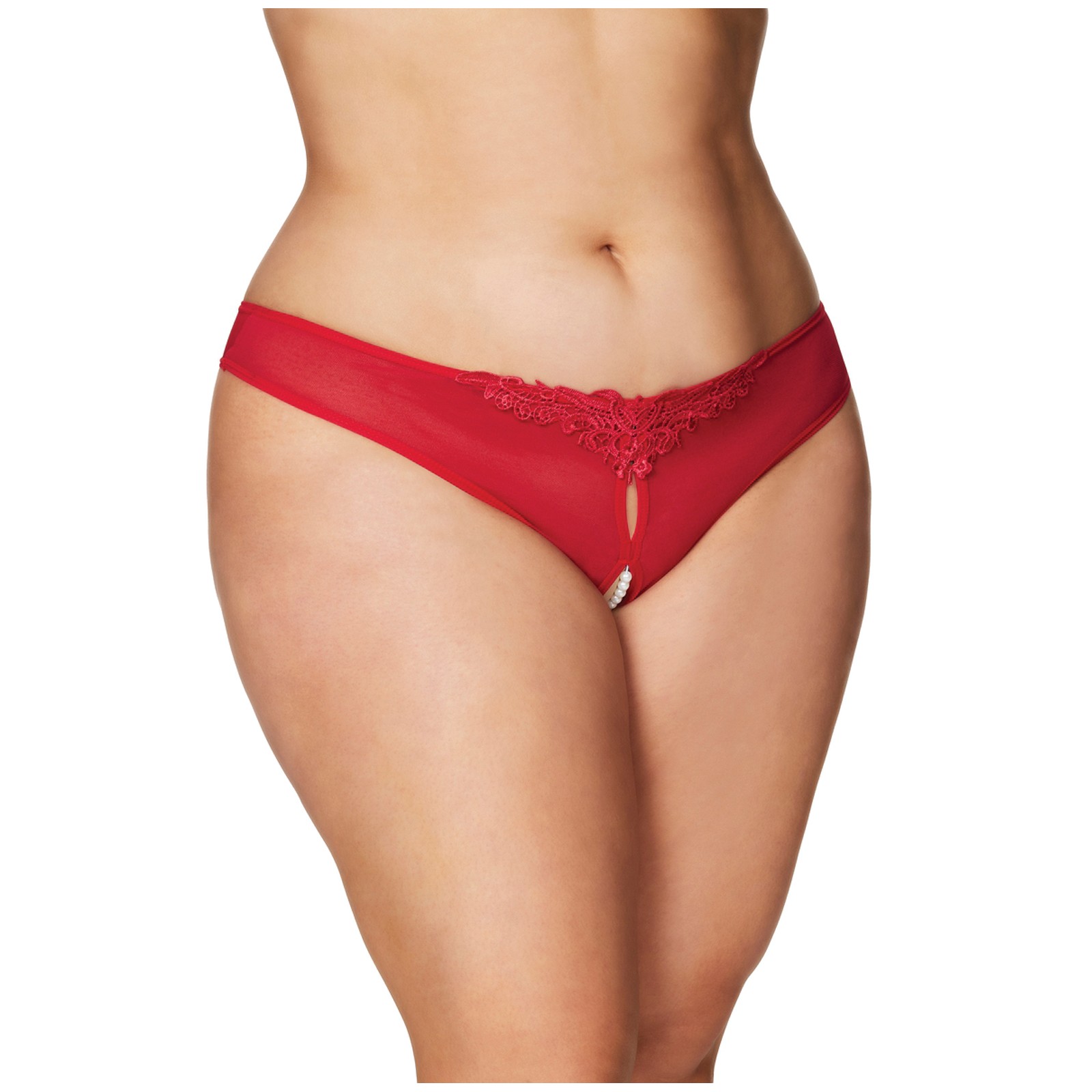 Tanga Crotchless con Perlas Rojo 1X/2X