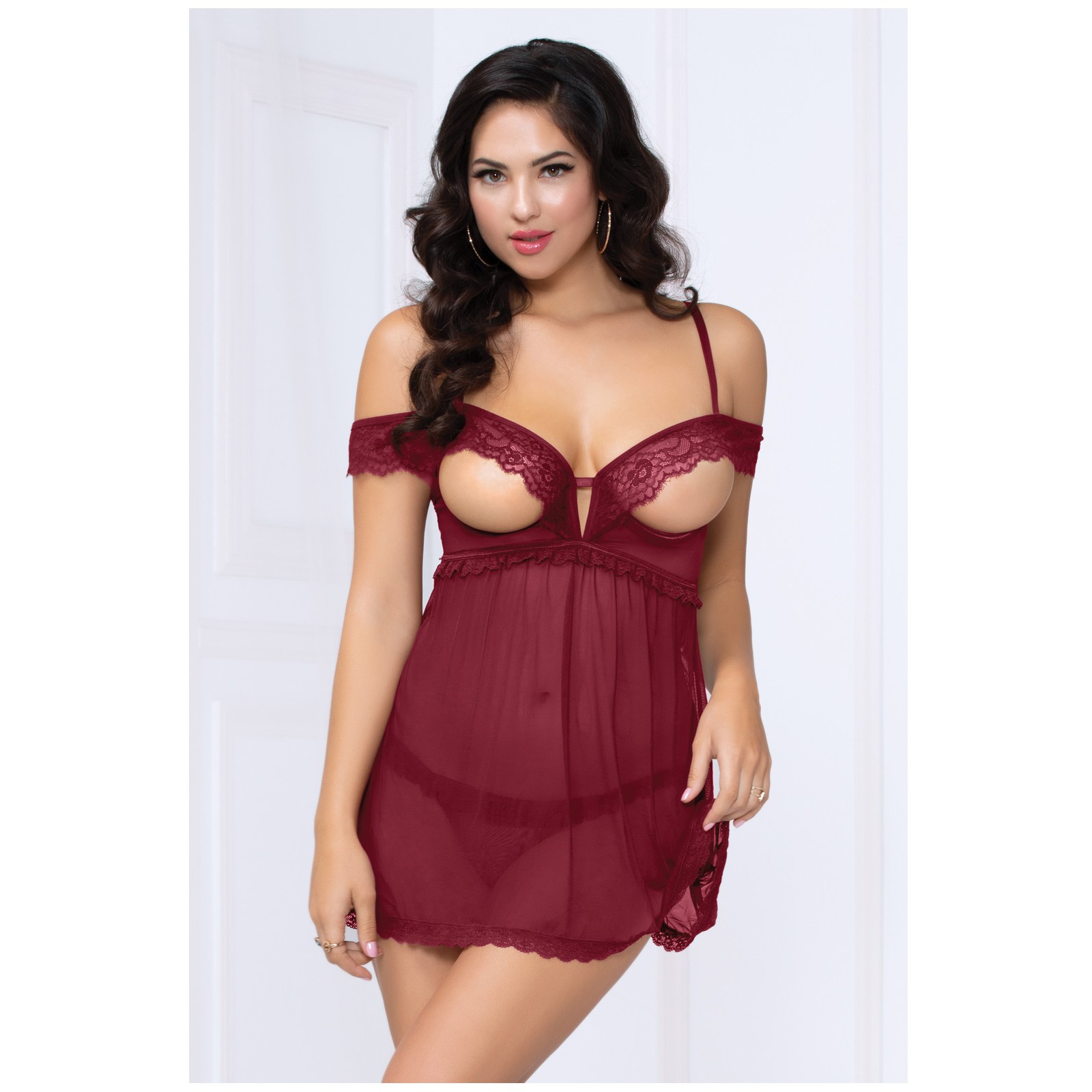 Babydoll de Encaje y Malla con Copas Abiertas