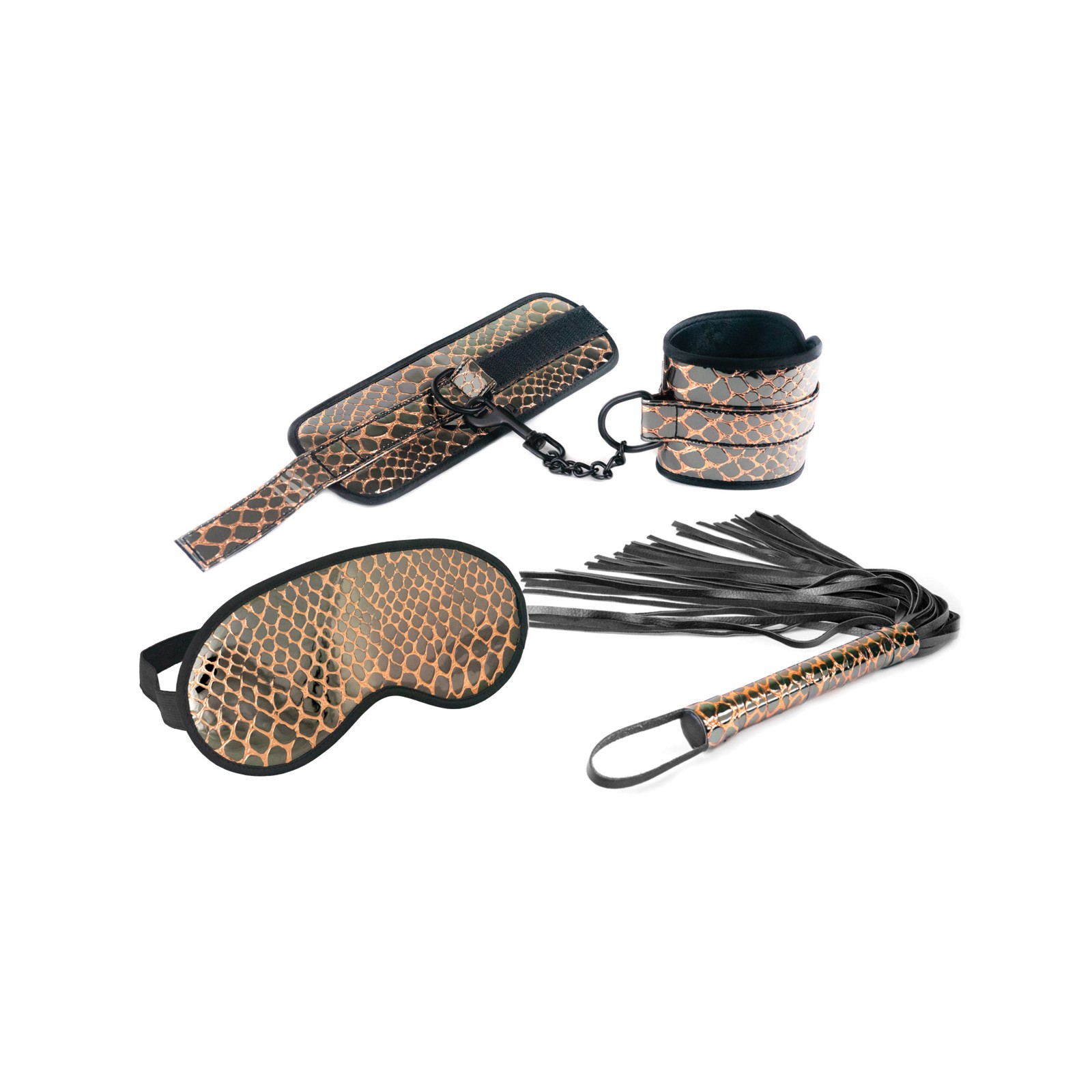 Kit de Restricciones de Muñeca, Antifaz y Flogger de Cuero Sintético Spartacus - Oro