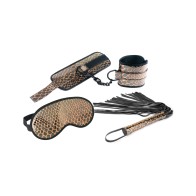 Kit de Restricciones de Muñeca, Antifaz y Flogger de Cuero Sintético Spartacus - Oro