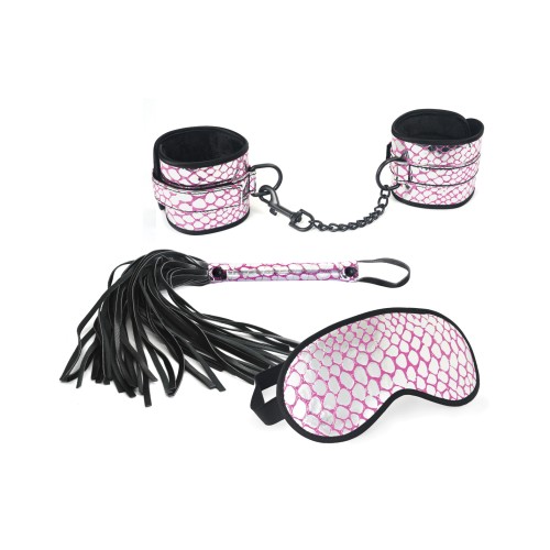 Spartacus Faux Leather Wrist Restraints Blindfold & Flogger Bondage Kit - Pink