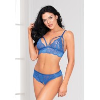 Lace Bra & Open Crotch Panty with Lace Up Back - Blue O/S