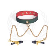 Spartacus PU Collar with Nipple Clamps - Green