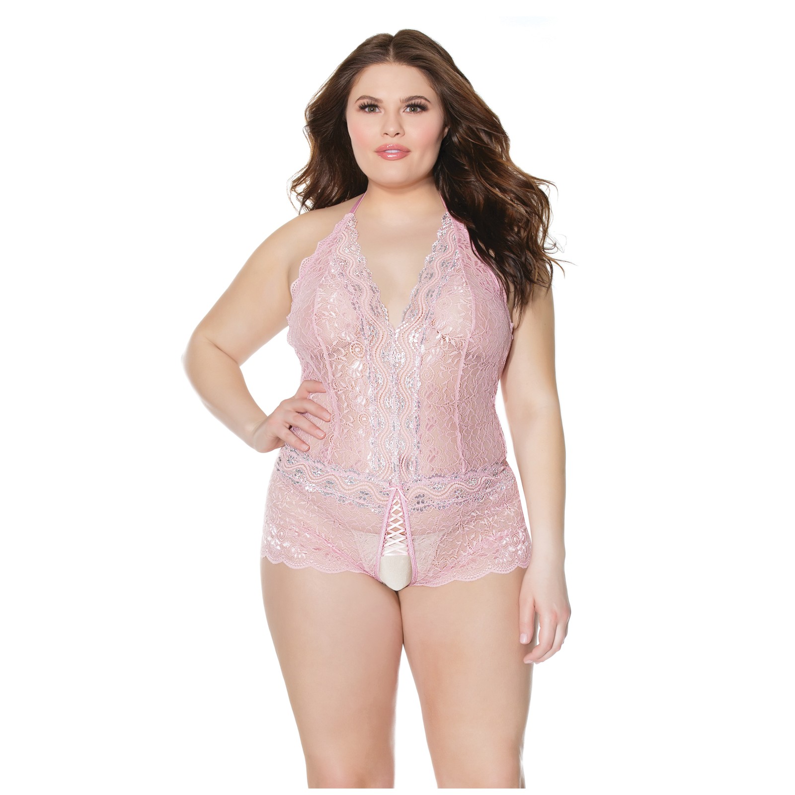 Crystal Pink Crotchless Teddy