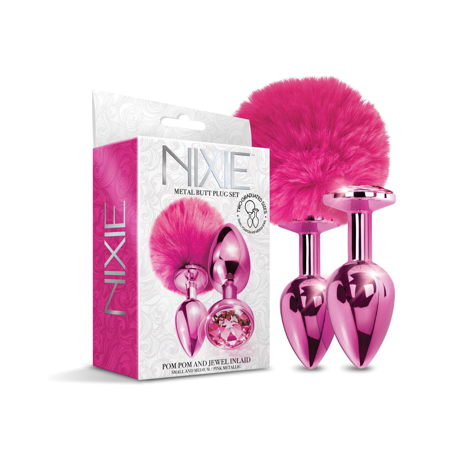 Set de Tapones Anales de Metal Nixie con Joyas y Pom Pom para Placer Definitivo