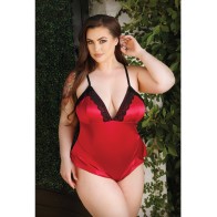 Satin Skirted Teddy with Lace Trim Red 1X/2X