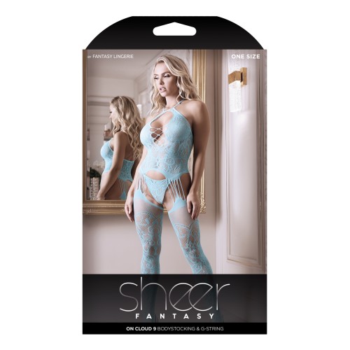 Bodystocking Gartered de Encaje Floral Azul Claro