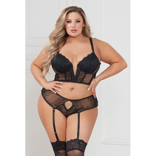 Stretch Lace Cropped Bustier & Cheeky Panty - Black 3X/4X