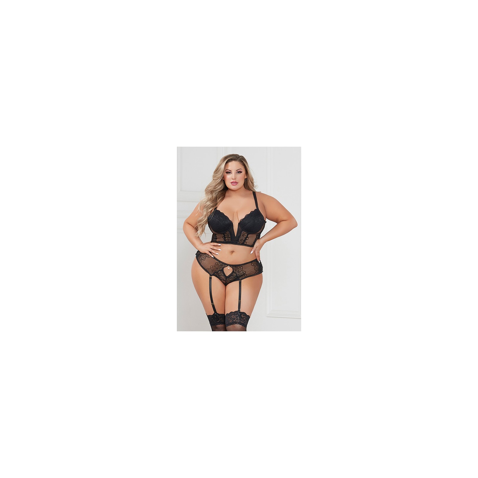 Bustier Corto de Encaje con Panty Cheeky - Negro 3X/4X