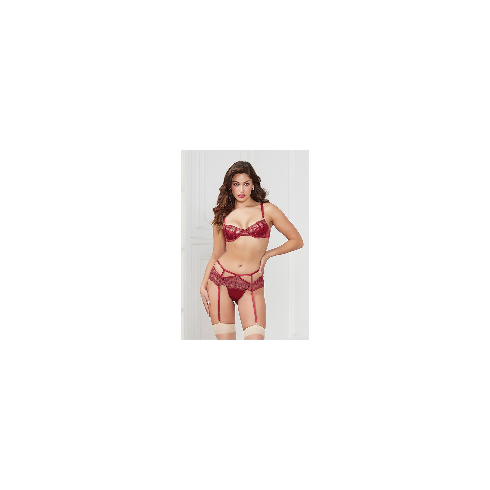 Stretch Satin & Lace Balconette Bra Set - Wine XL