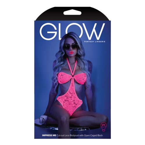 Glow Black Light Halter Bodysuit - Neon Pink