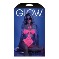 Glow Black Light Halter Bodysuit - Neon Pink