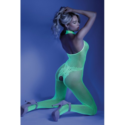 Glow Black Light Crotchless Bodystocking Neon Green O/S