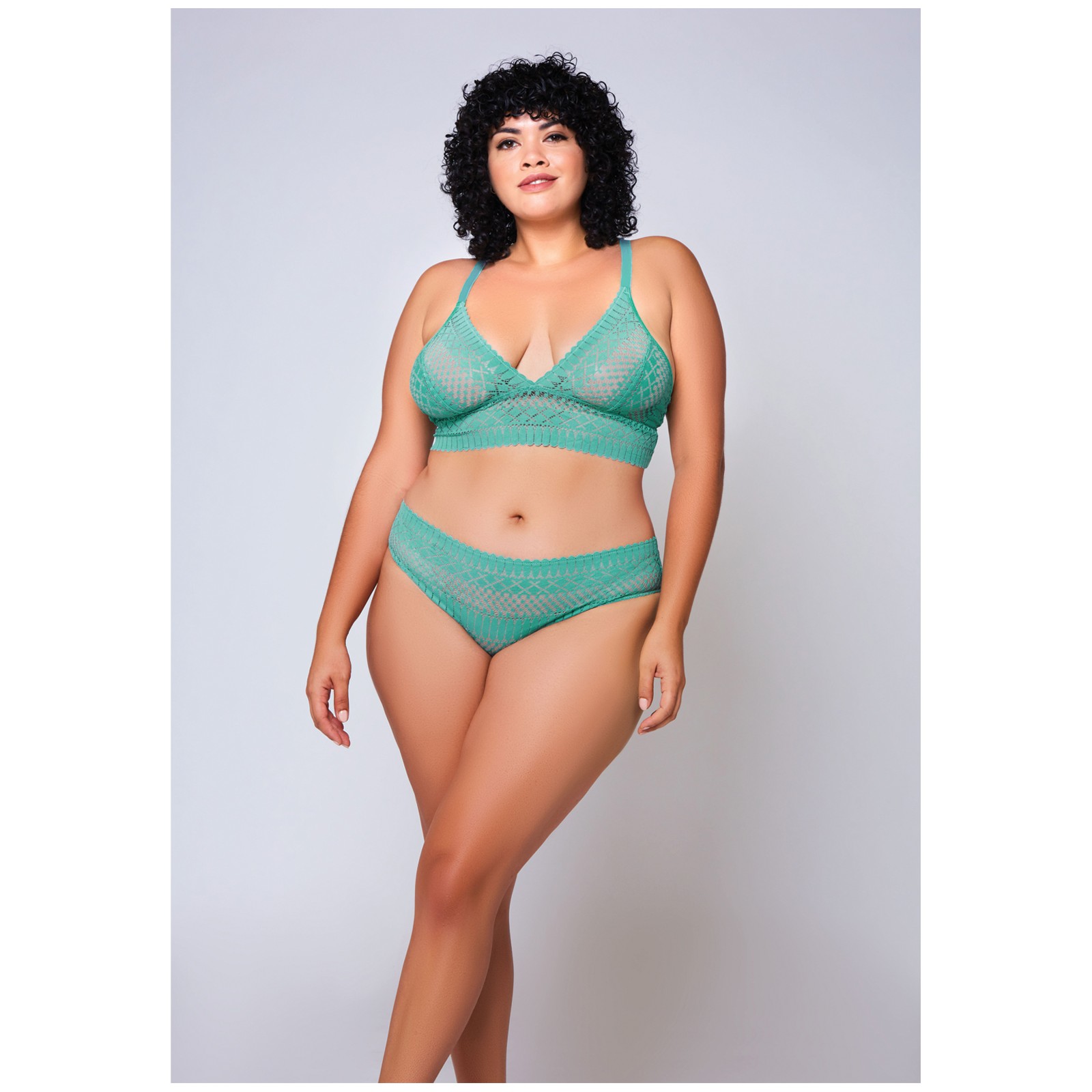 Conjunto de Bralette y Hipster de Encaje Geométrico - Verde Teal 2X