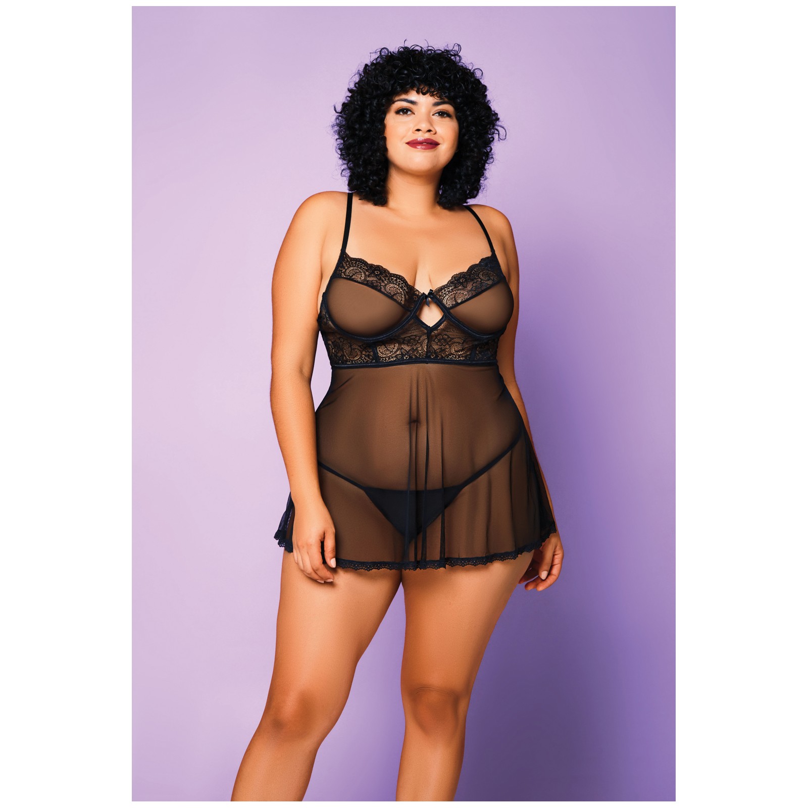 Babydoll de Malla Suave y G-String Negro Tamaño 1X