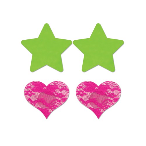 UV Reactive Neon Star and Lace Heart Pasties - Green & Pink